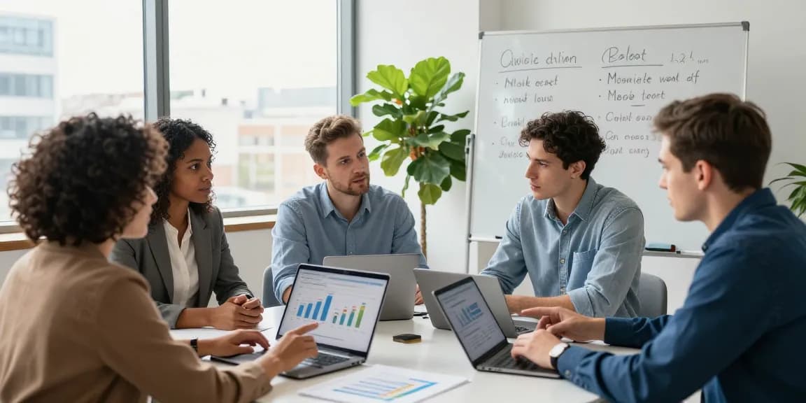 Team discussing business SIM only deals UK in a modern office environment