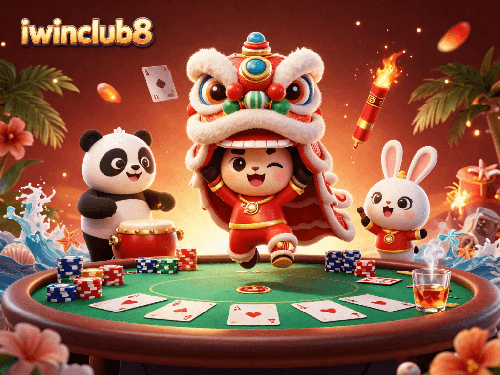 Engage with iwinclub8, featuring lively lion dance characters amidst gaming excitement.