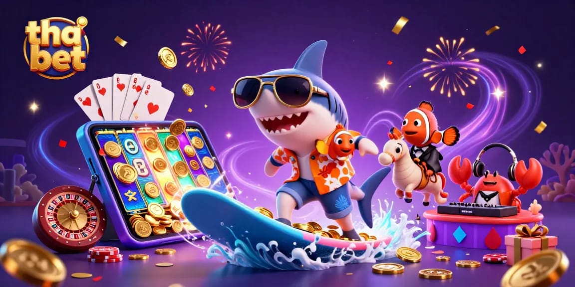 Engage in thrilling gaming action at tha bet with a vibrant casino scene featuring colorful characters.