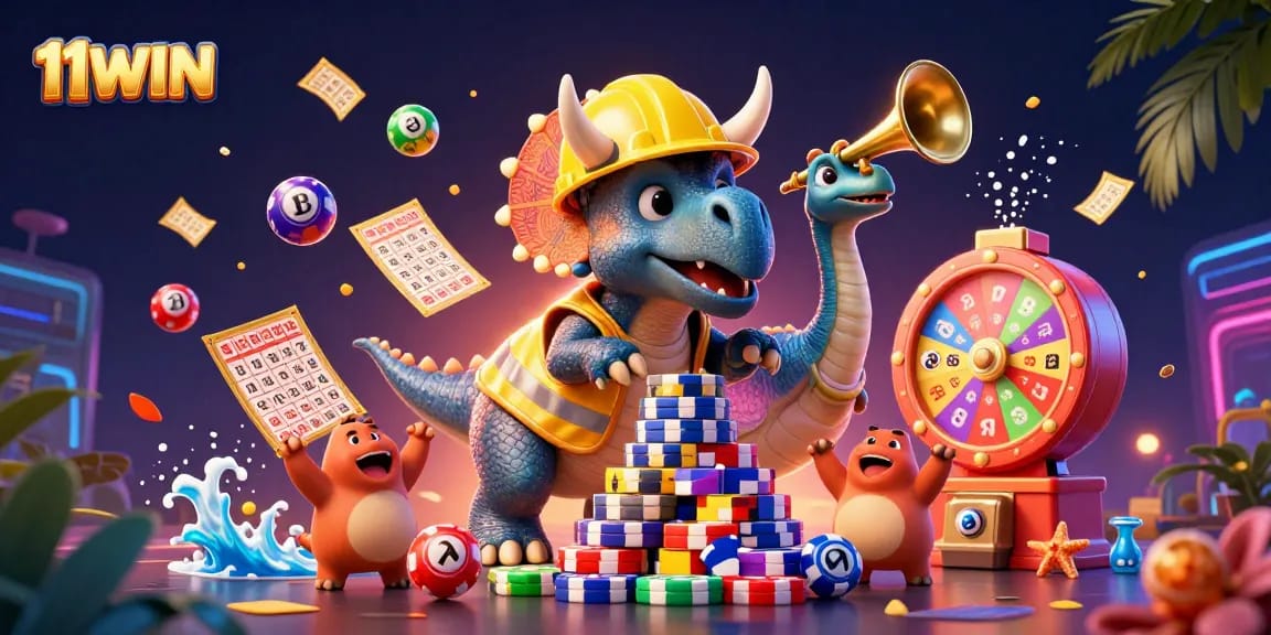 Experience thrilling wins at 11WIN with vibrant lottery elements and playful dinosaurs celebrating.