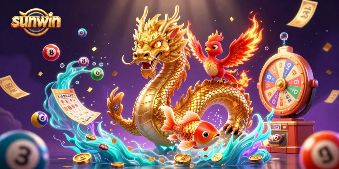 Experience sunwin's thrilling gaming adventure with a majestic dragon and phoenix in a vibrant casino scene.