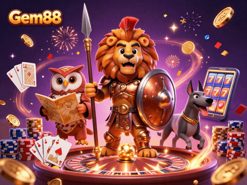 Win big with Gem88: 3D casino scene featuring animated characters and dynamic game elements.
