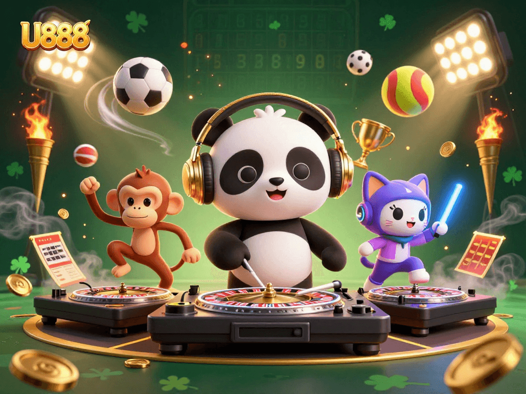 U888 engages players with a vibrant 3D cartoon scene featuring a DJ panda and exciting casino elements.