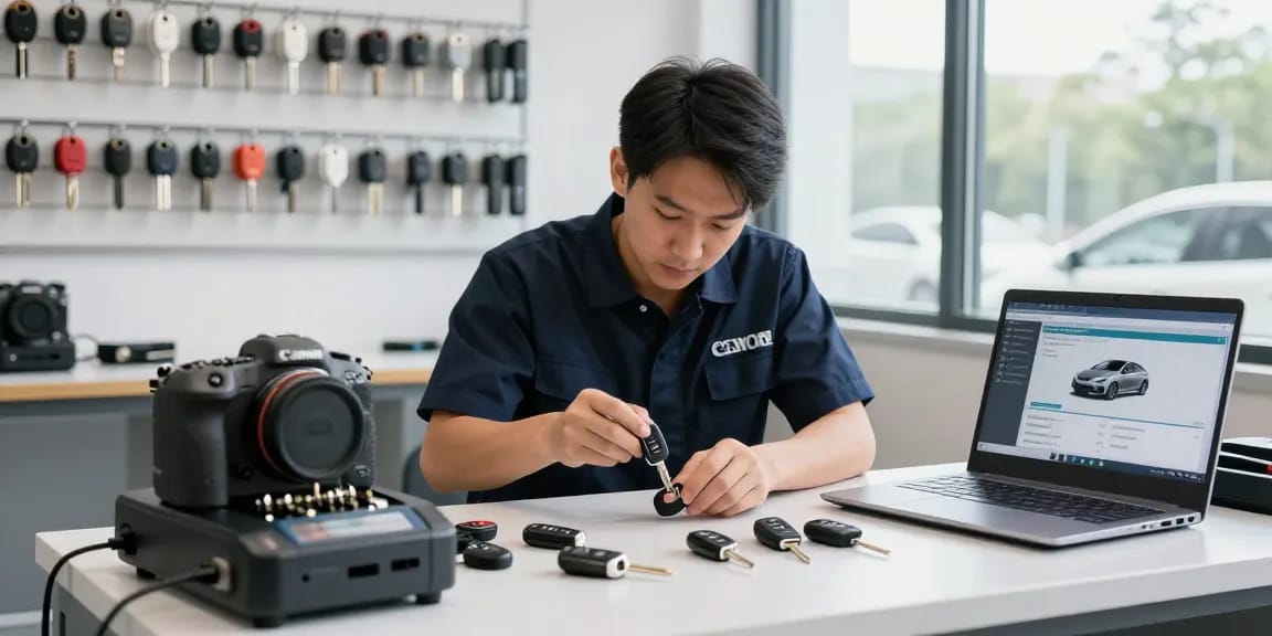 Expert automotive locksmith programming a car key replacement in Raleigh workshop.