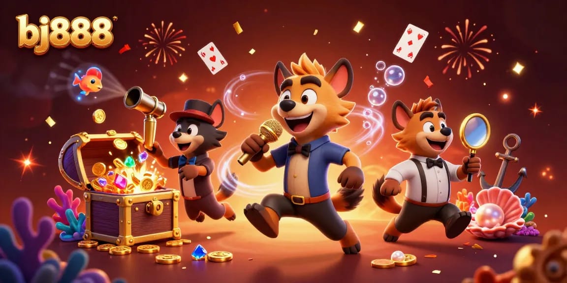 Enjoy the immersive bj888 casino experience with hyenas in a lively comedy club setting.