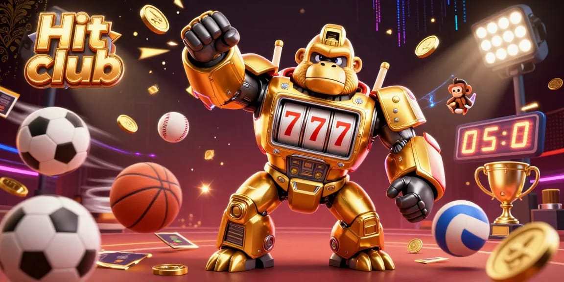 Hit club showcases a golden gorilla mech celebrating with exploding gold coins and sports elements.