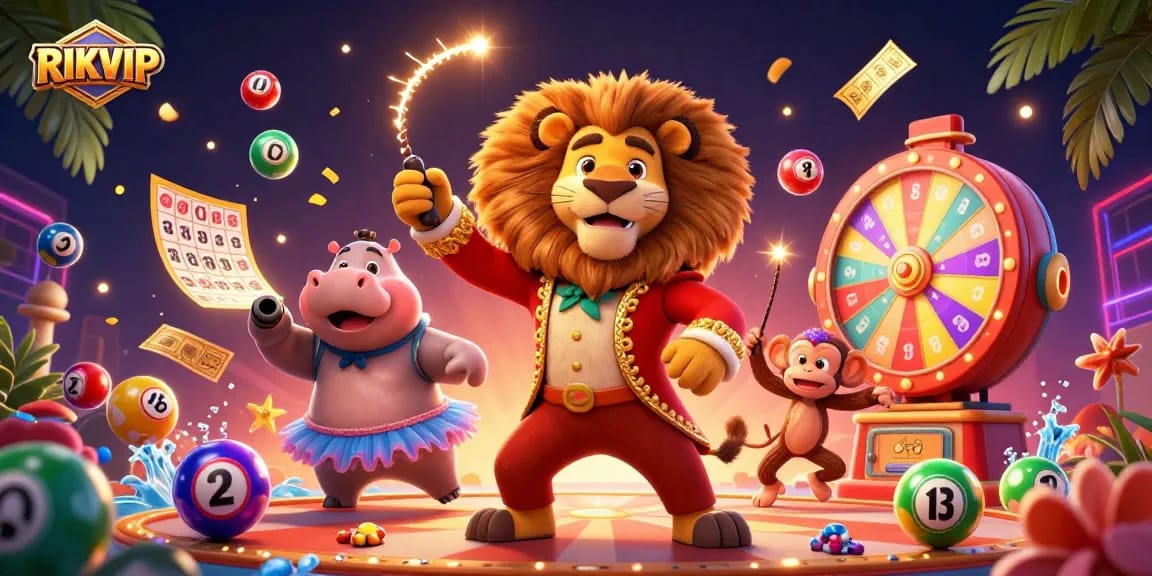 Engage with RIKVIP through a vibrant casino scene filled with dynamic gaming elements and characters.