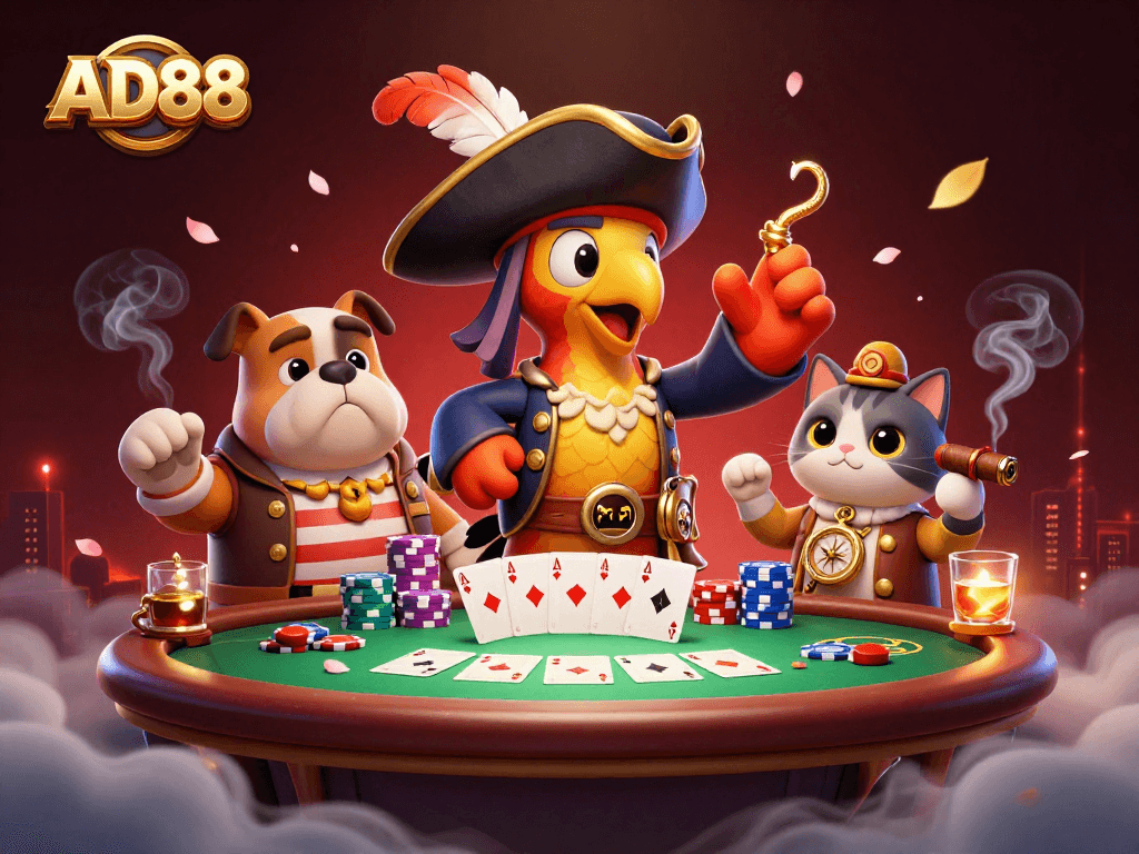 Experience thrilling poker action at AD88 with vibrant characters and dynamic gaming elements captured in 3D.