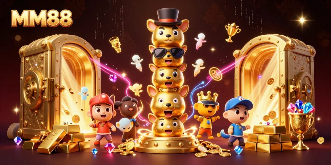 Experience the excitement of MM88 with vibrant 3D illustrations showcasing dynamic casino elements and golden treasures.