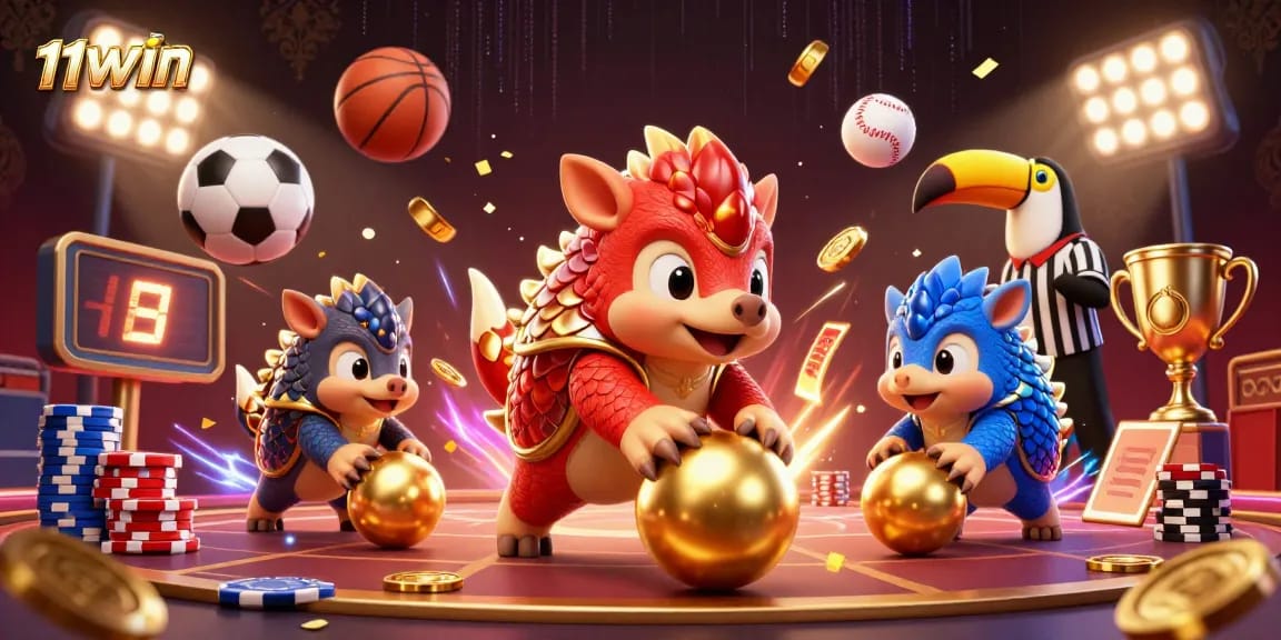 Engage in the exciting casino experience of 11WIN with dynamic pangolin rivals amidst poker chips and sports elements.