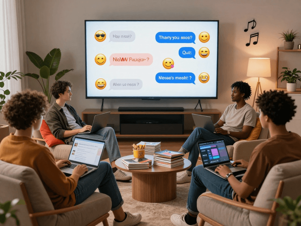 NSFW AI chat session in a cozy lounge setting with interactive emojis.