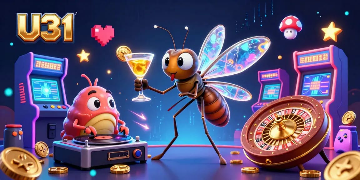 Play exciting games at U31, featuring a lively casino scene with a unique frozen mosquito mascot.