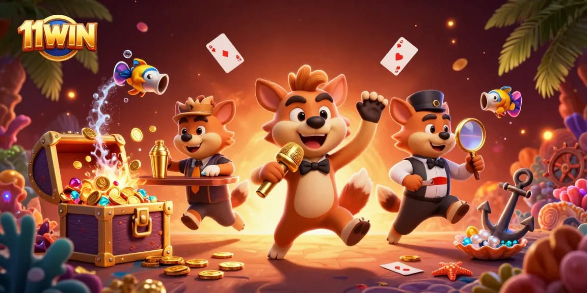 11WIN hyenas hosting a lively casino night full of gold coins and card games.