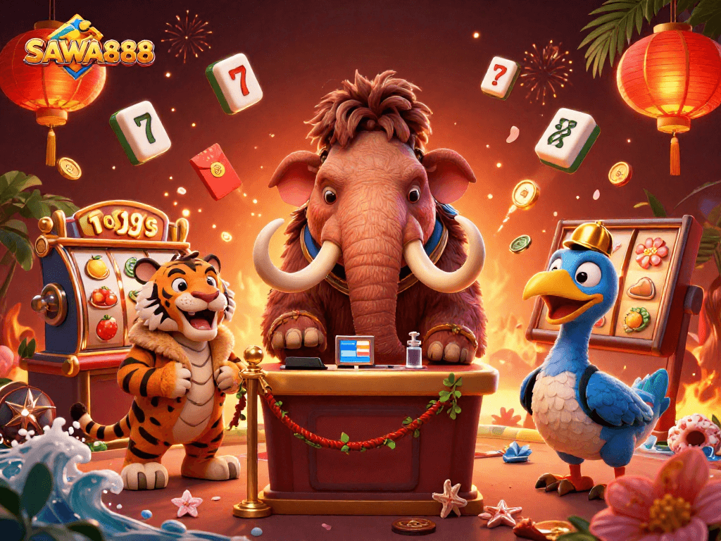 Experience exciting gameplay at SAWA888, featuring a vibrant casino scene with a cartoon mammoth bouncer and VIP guests.
