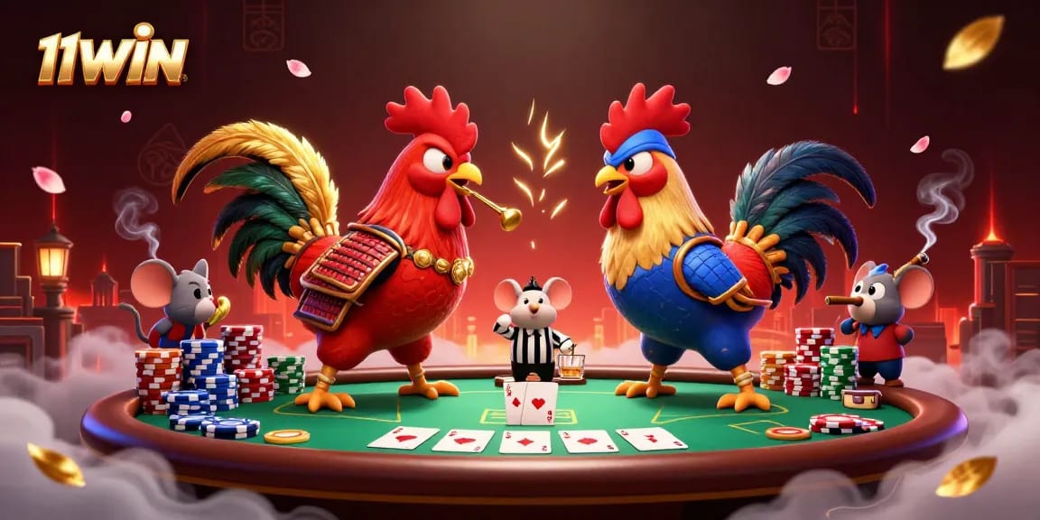Engage with 11WIN's cinematic poker showdown featuring 3D roosters in a betting duel.