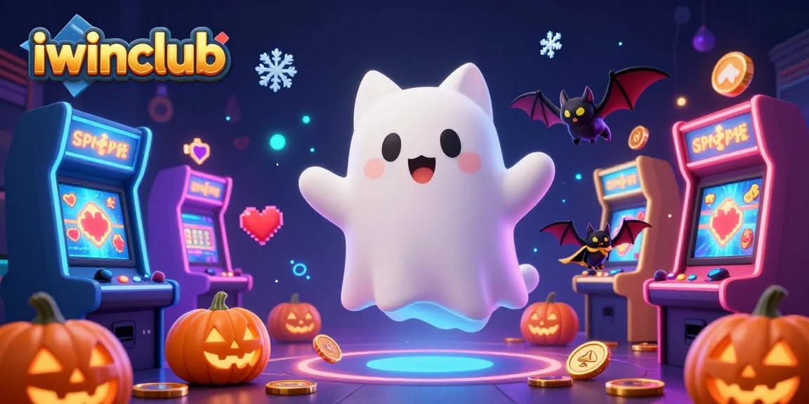 Experience the excitement at iwinclub with a ghost cat and bat in a glowing casino scene with slot machines.