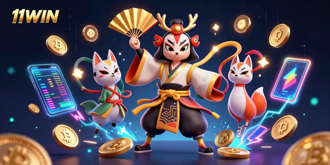 Experience thrilling gameplay with 11WIN’s vibrant crypto casino scene featuring animated characters.