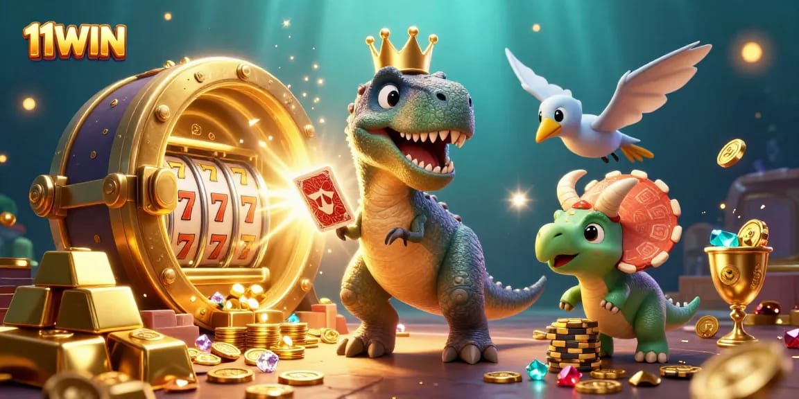 Experience thrilling wins at 11WIN with cartoon dinosaurs in a vibrant casino scene