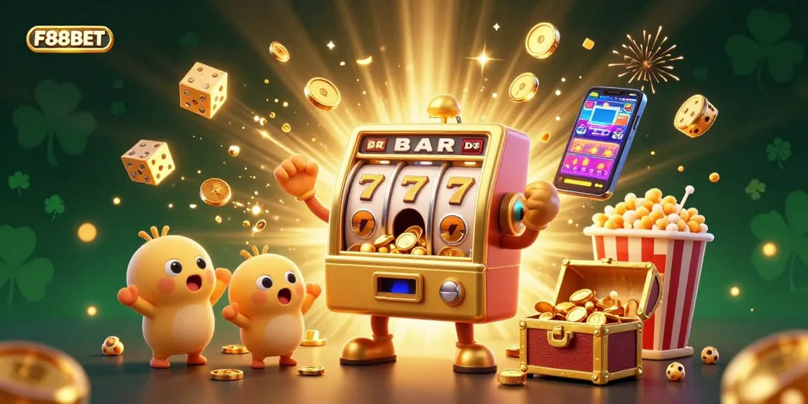 Experience the thrill of winning with F88BET, featuring a jubilant golden slot machine hitting jackpots amid a vibrant casino scene.