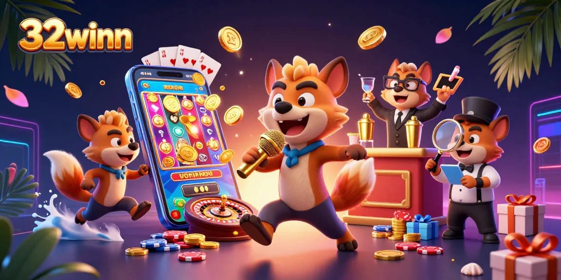 Experience thrilling casino action with 32winn in this dynamic 3D illustration featuring cartoon hyenas.
