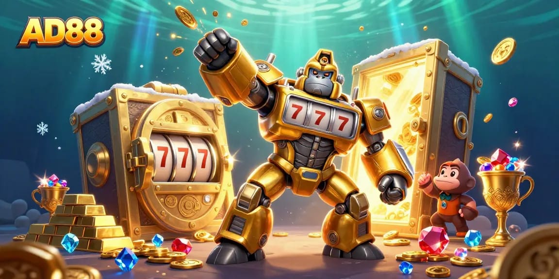 AD88 offers a vibrant casino experience with its 3D illustrated golden gorilla mech and dynamic treasure elements.