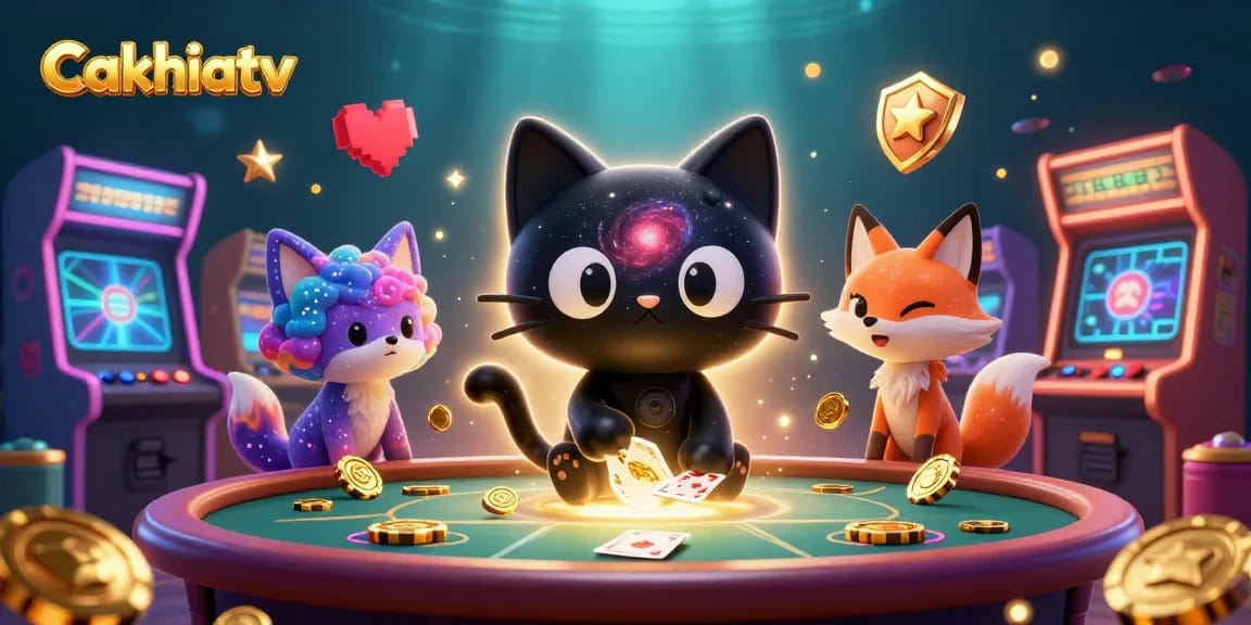 Cakhiatv presents a vibrant cosmic casino scene featuring a black hole cat and nebula fox amid colorful gaming elements.