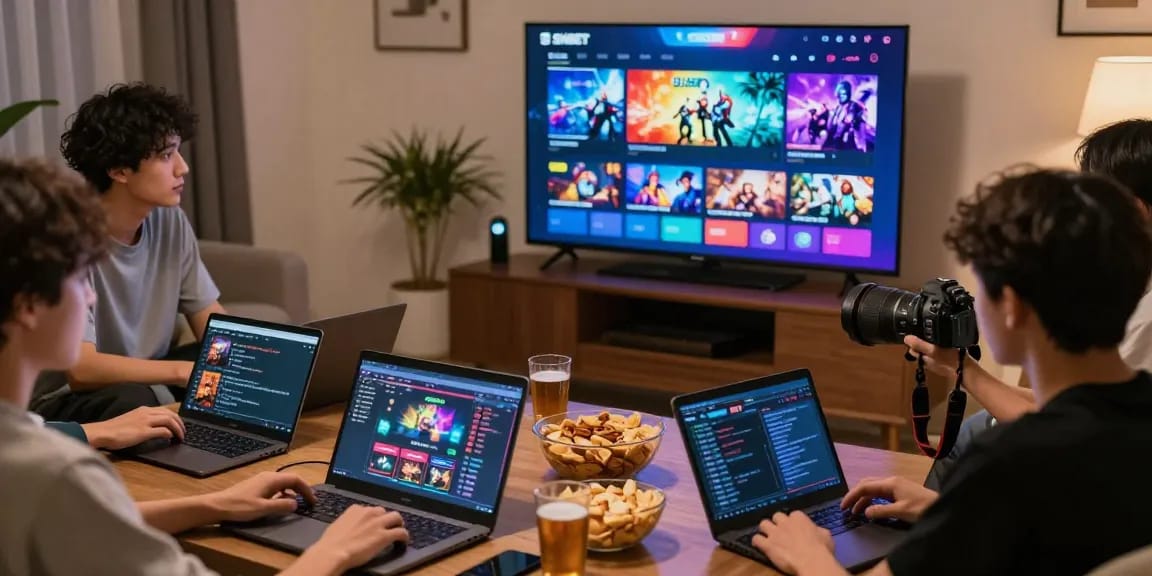 Exciting group gaming experience featuring the SHBET platform interface in a lively living room setting.