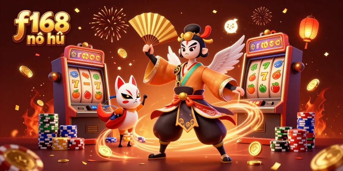 Experience the thrill of f168 nổ hũ with kabuki characters and vibrant slot machines in this dynamic casino scene.