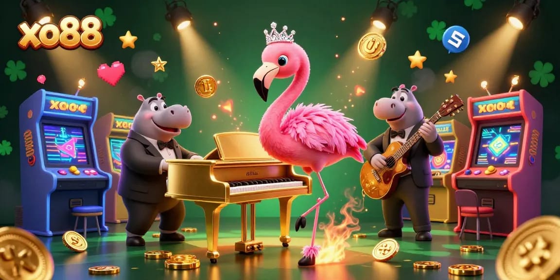 Experience excitement with xo88 as a flamingo and hippo light up the casino atmosphere.