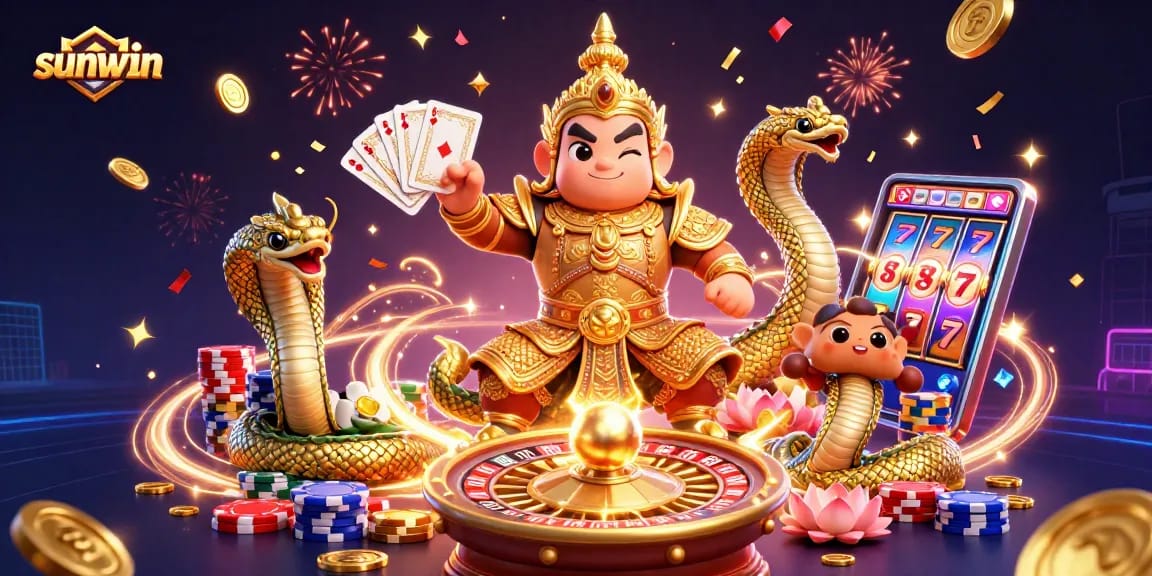 Experience the thrilling sunwin casino atmosphere with spinning roulette, golden coins, and vibrant celebrations.
