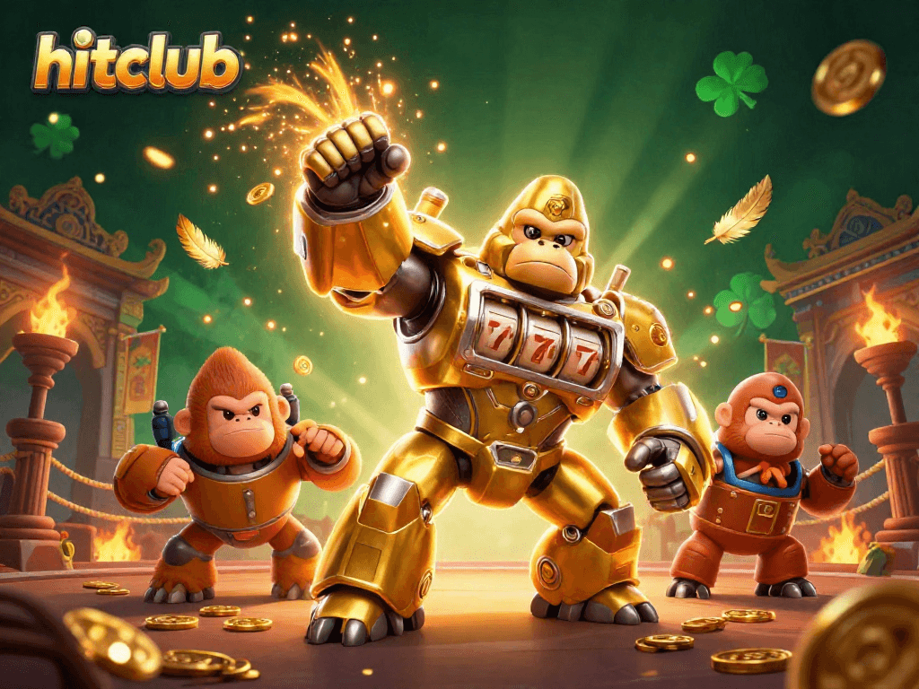 Hitclub's dynamic gambling scene with a golden gorilla mech and exciting casino elements.