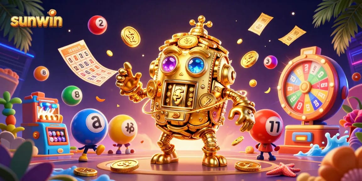 Experience sunwin with a vibrant scene of a golden golem surrounded by dynamic lottery elements.