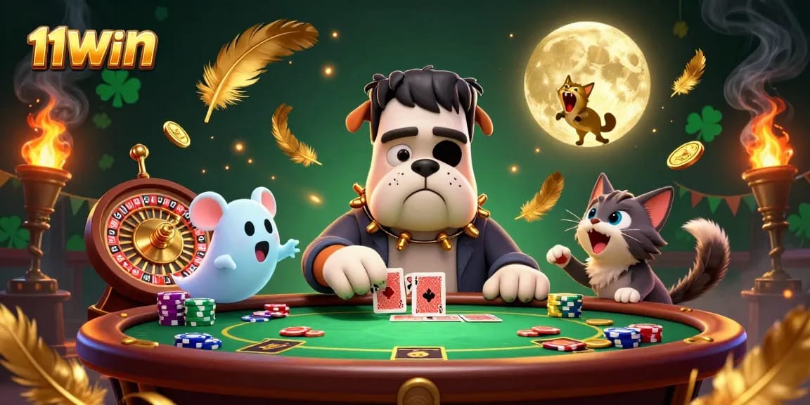 Join the 11WIN casino experience with a lively poker scene featuring colorful characters.