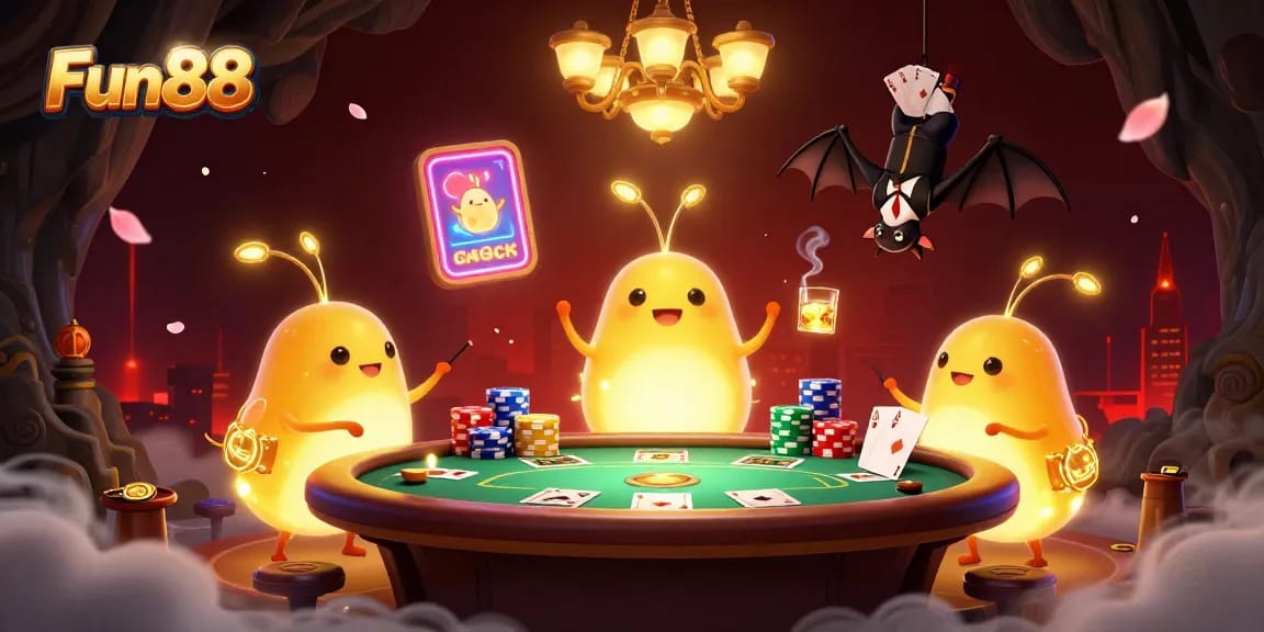 Experience the excitement of Fun88 with vibrant glowworms illuminating a lively casino scene.