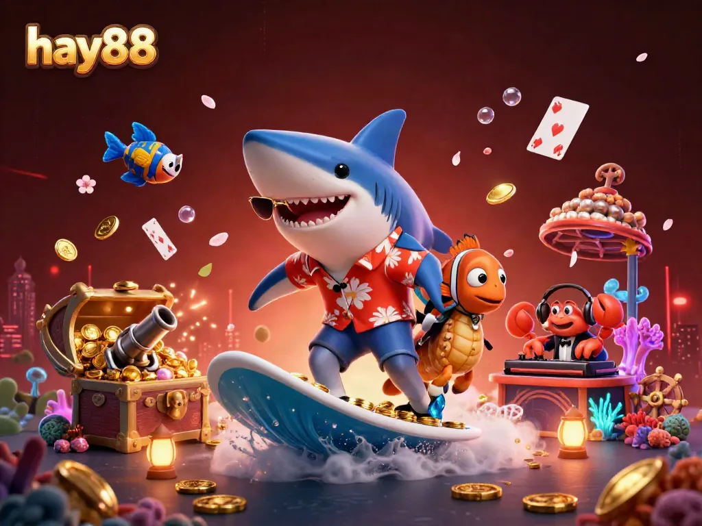 Engage with hay88's thrilling atmosphere as a surfing shark and friends dive into a world of slot excitement.