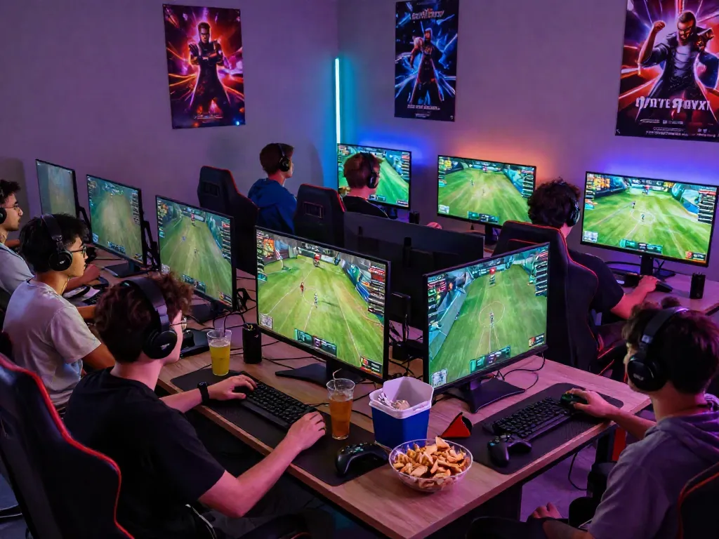 Friends enjoying dynamic gaming moments at https://1da88.it.com/ in an immersive lounge setting, showcasing vibrant graphics and accessories.