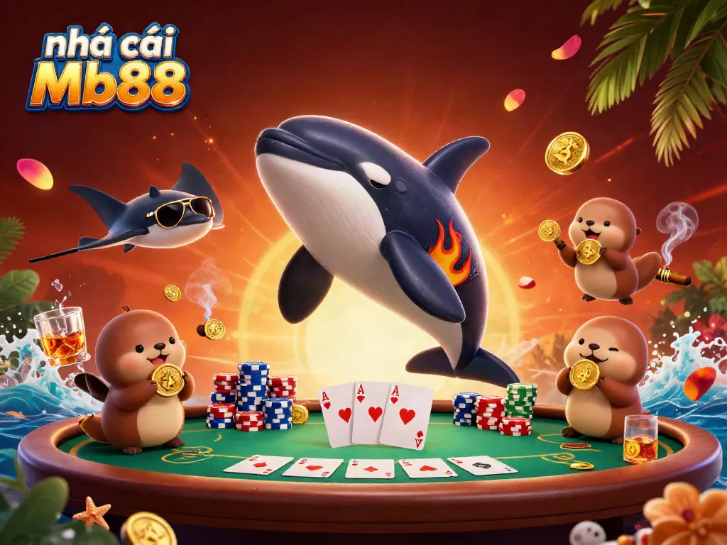 Enjoy thrilling gaming with nhà cái Mb88, portrayed in a vibrant 3D scene with characters, chips, and casino elements.