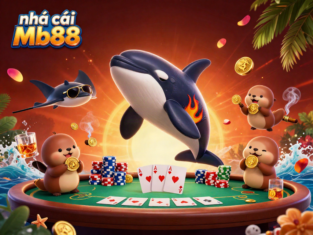 Enjoy thrilling gaming with nhà cái Mb88, portrayed in a vibrant 3D scene with characters, chips, and casino elements.