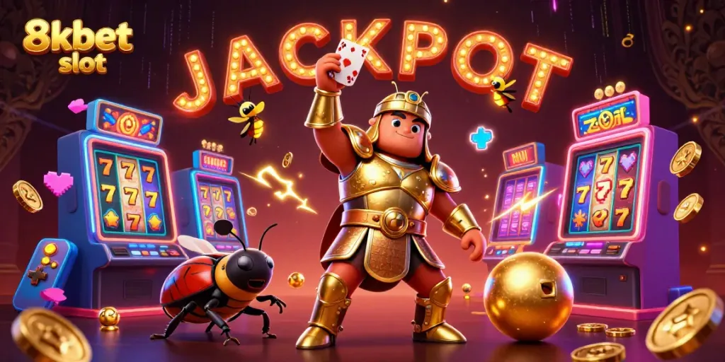 Experience the excitement of 8xbet slot with cartoon characters celebrating wins in a vibrant casino scene.
