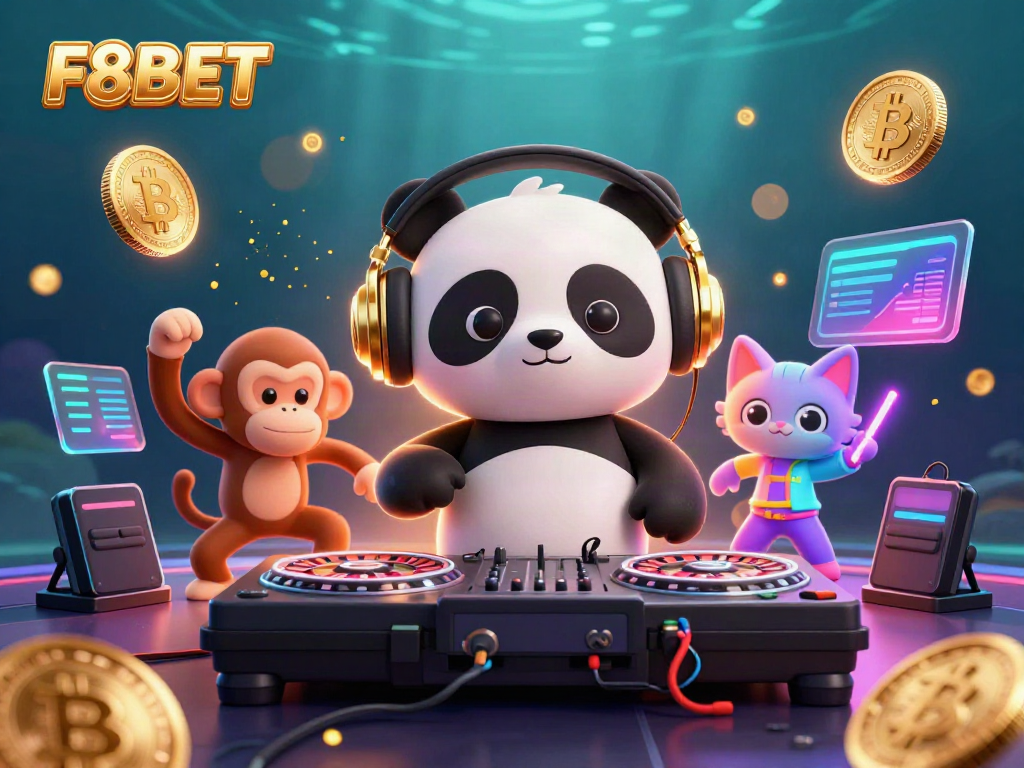 Join the excitement of F8BET with a panda DJ spinning roulette wheels, accompanied by lively characters in a vibrant casino scene.