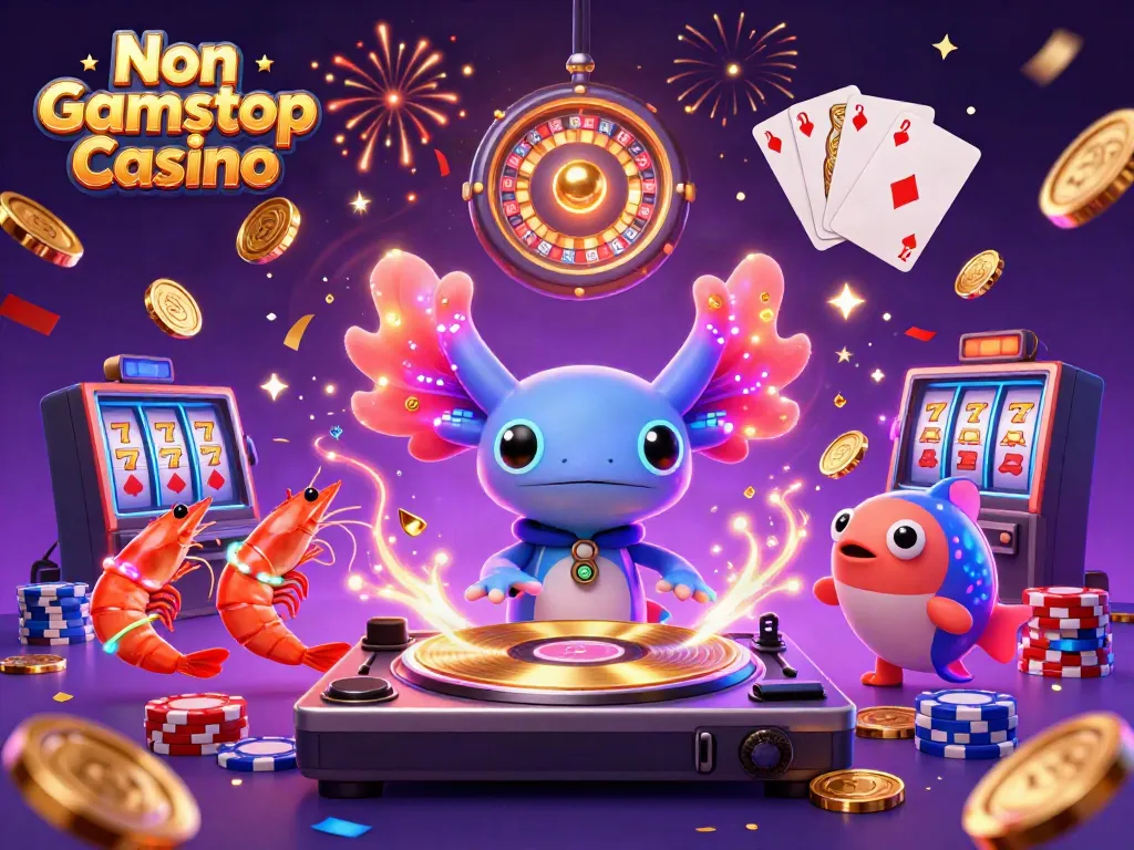 Vibrant scene of a Non Gamstop Casino, featuring a neon axolotl DJ and dancing shrimp amid casino elements.