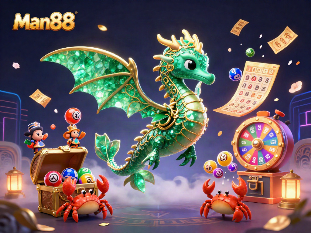 Experience thrilling wins at Man88 with a vibrant sea dragon and dynamic lottery elements.