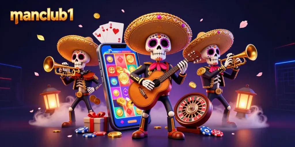 Manclub1 showcases vibrant 3D mariachi characters amidst classic gambling elements like slot games and coins.