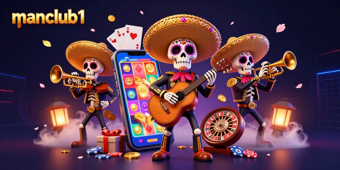 Manclub1 showcases vibrant 3D mariachi characters amidst classic gambling elements like slot games and coins.