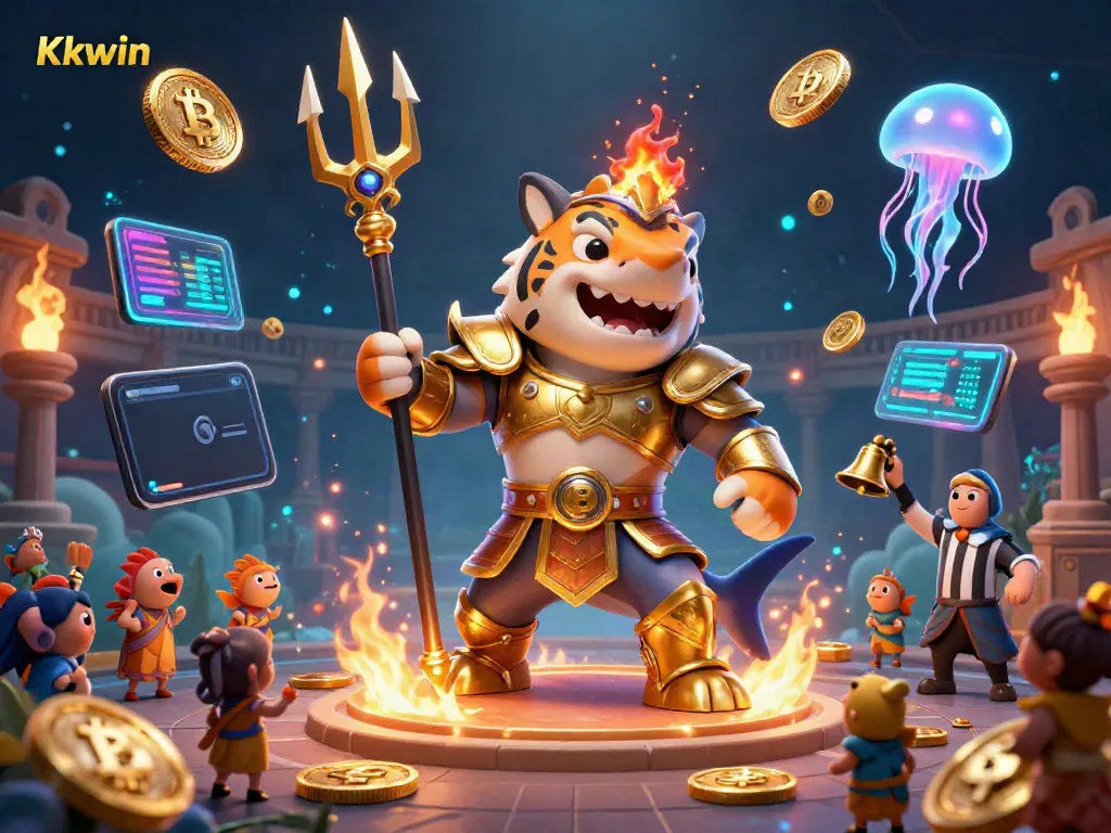Kkwin offers thrilling underwater adventures with a golden gladiator shark and vibrant crypto elements.