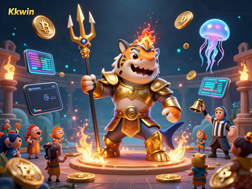 Kkwin offers thrilling underwater adventures with a golden gladiator shark and vibrant crypto elements.