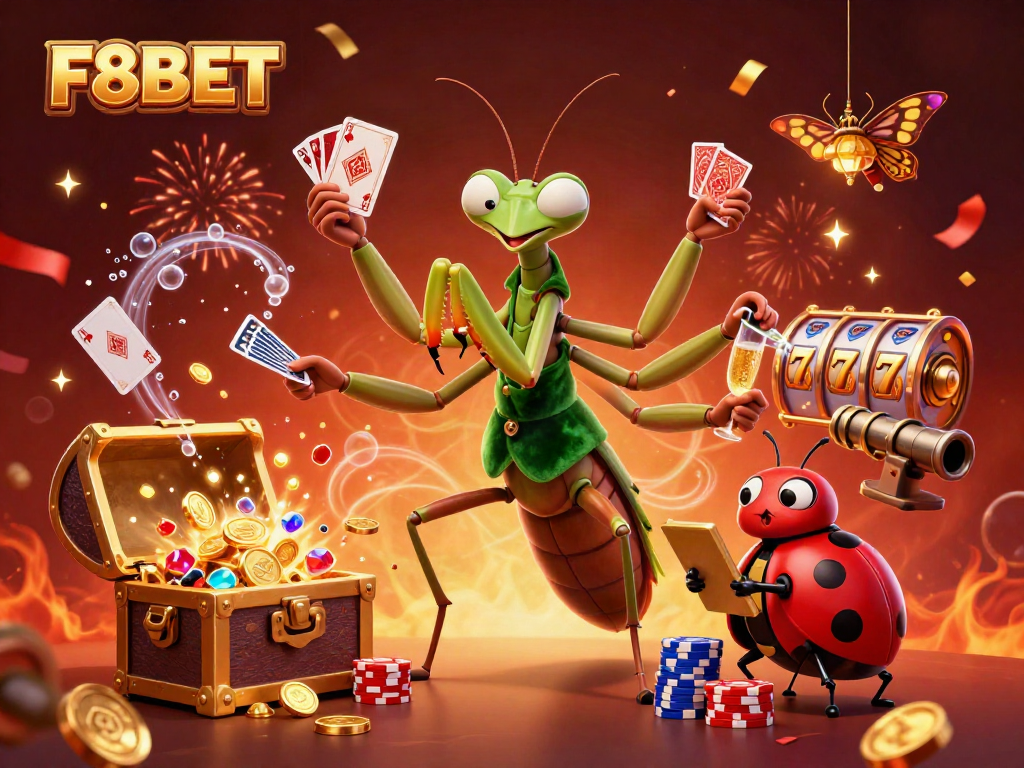 F8BET showcases a giant mantis card sharp in a lively casino ambiance, dealing cards and pouring champagne.