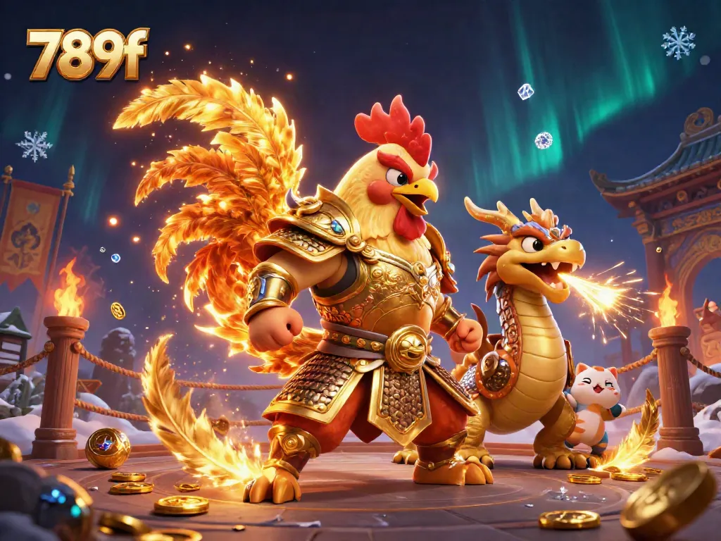 Experience the thrill of 789f with a powerful fighting rooster and dragon in an energetic casino scene.