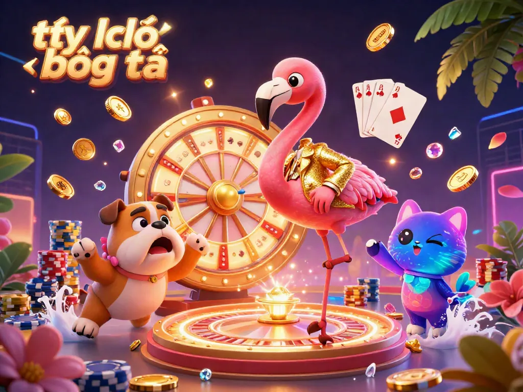 Experience the excitement of tỷ lệ bóng đá with a vibrant game show scene featuring a flamingo host, bulldog contestant, and cat assistant.