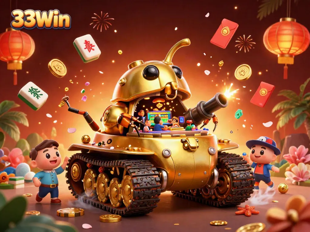 Experience 33Win's immersive casino adventure with a golden beetle tank revealing a mini casino.